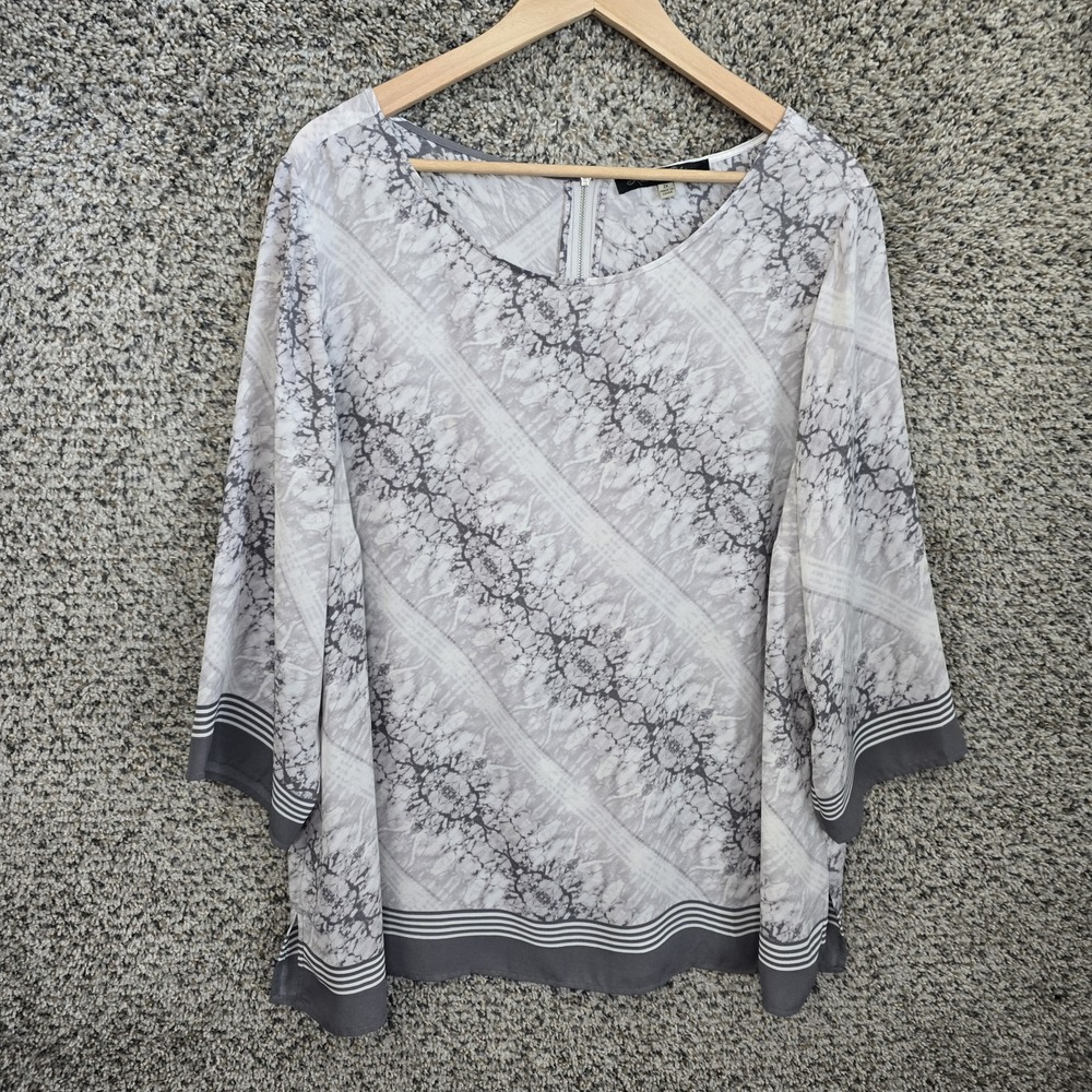 Rose & Olive‎ Top Womens Plus 2X Gray Scoop Neck Printed Blouse Sheer Zip Ladies
